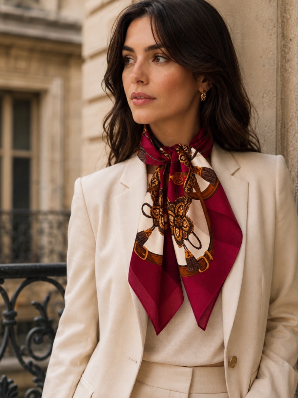 CELINE Burgundy Equestrian Print Silk-Cotton Scarf / Handkerchief
